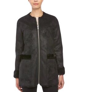 The Kooples Black Round Collared Faux Shearling Zippered Coat, Size L